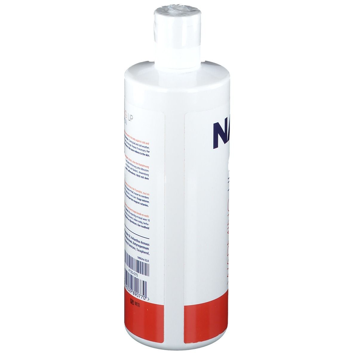 Flacon blanc avec base rouge. Inscription: NAQI. Dos avec texte et code-barres.