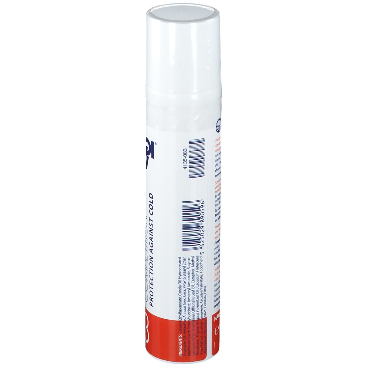 Flacon blanc avec base rouge. Inscription: NAQI. Dos avec ingrédients et code-barres.