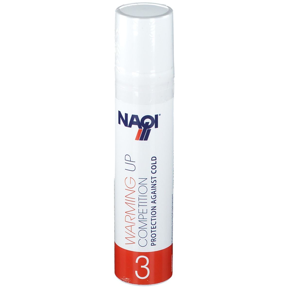 Flacon blanc avec base rouge. Inscription: NAQI, Warming Up Competition 3. Protection contre le froid.
