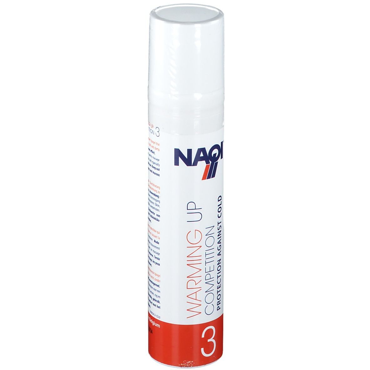 Flacon blanc avec base rouge. Inscription: NAQI, Warming Up Competition 3. Protection contre le froid.