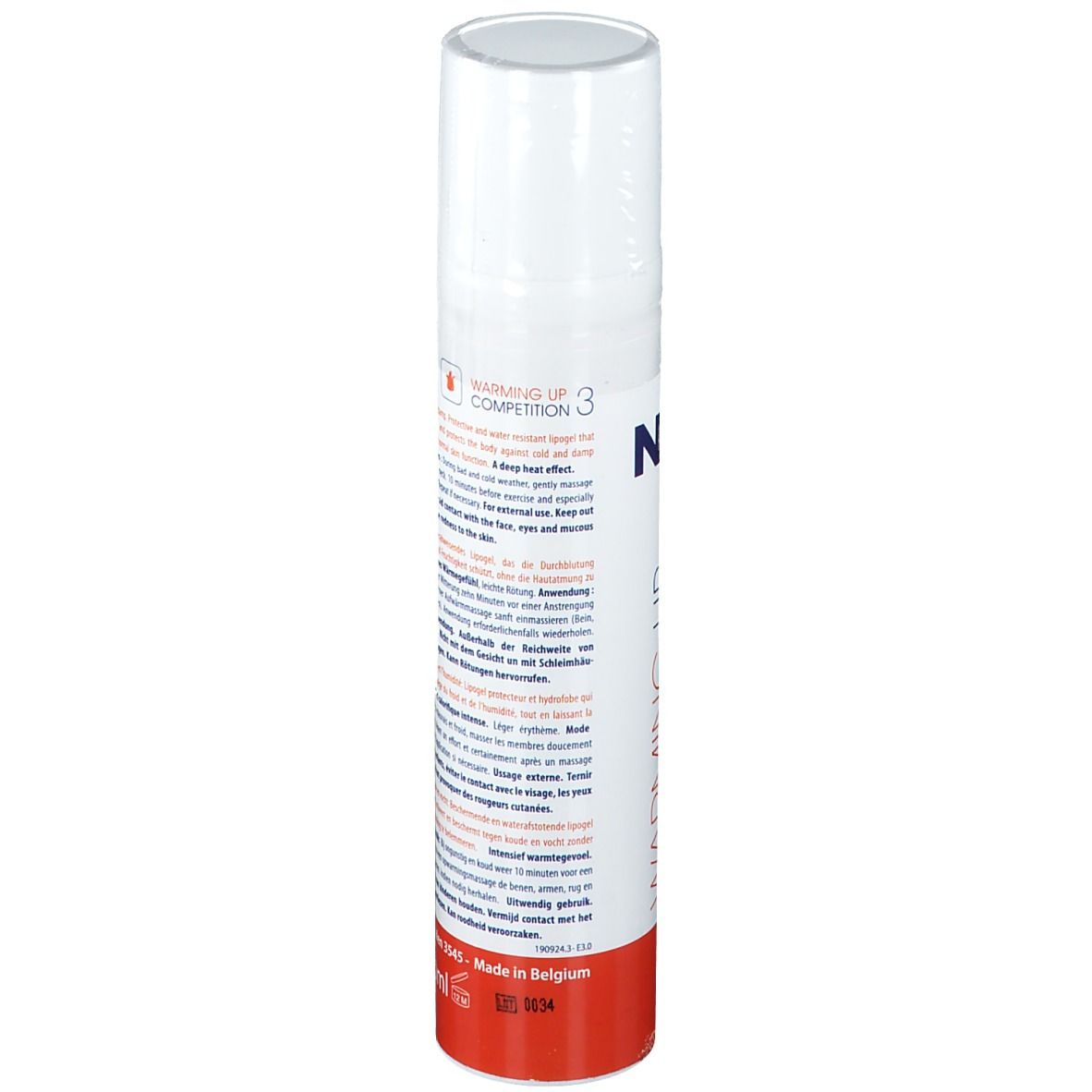 Flacon blanc avec base rouge. Dos avec texte. Inscription: NAQI, e100ml, Made in Belgium.