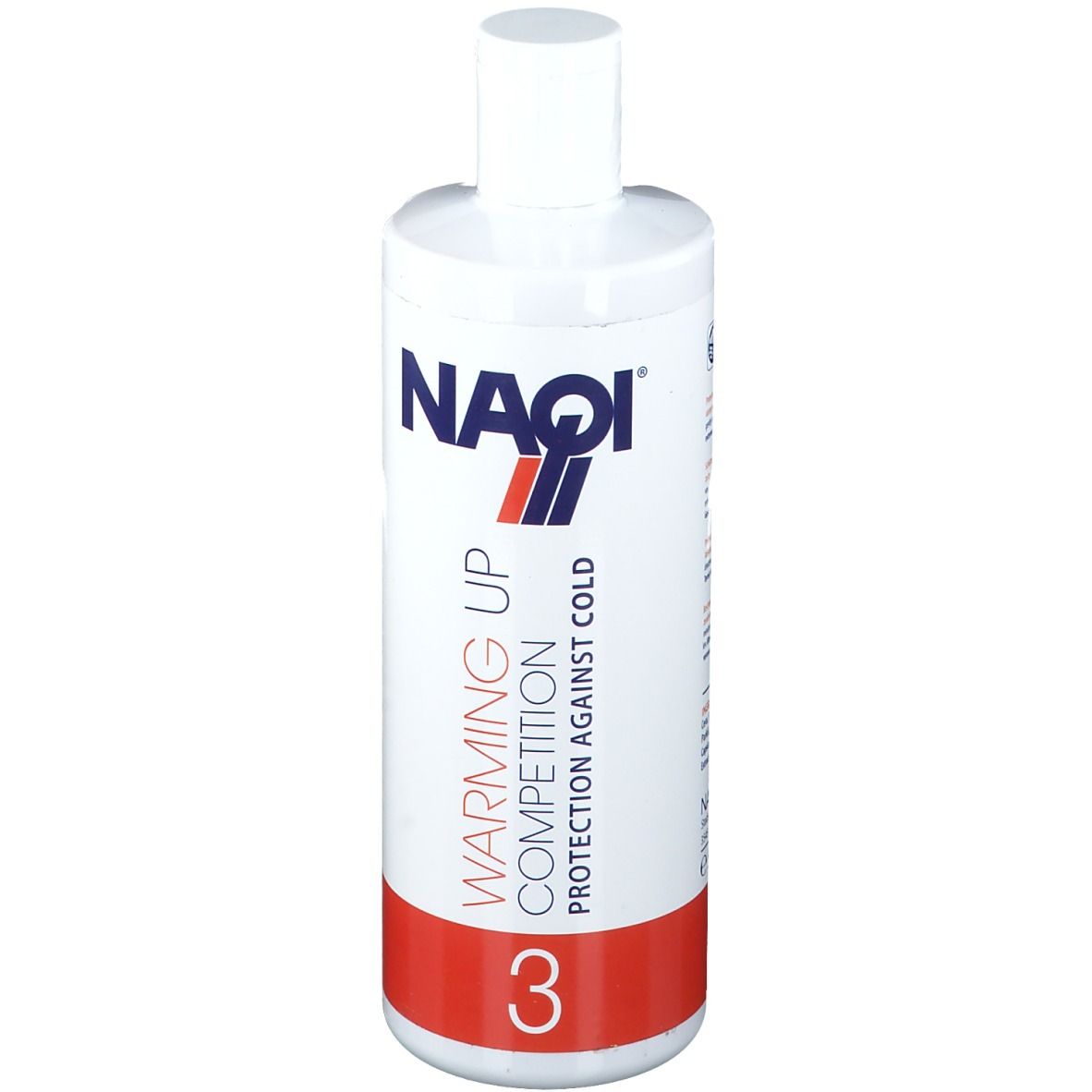 Flacon blanc avec logo NAQI et inscription "Warming Up Competition 3". Bande rouge en bas. Bouchon.