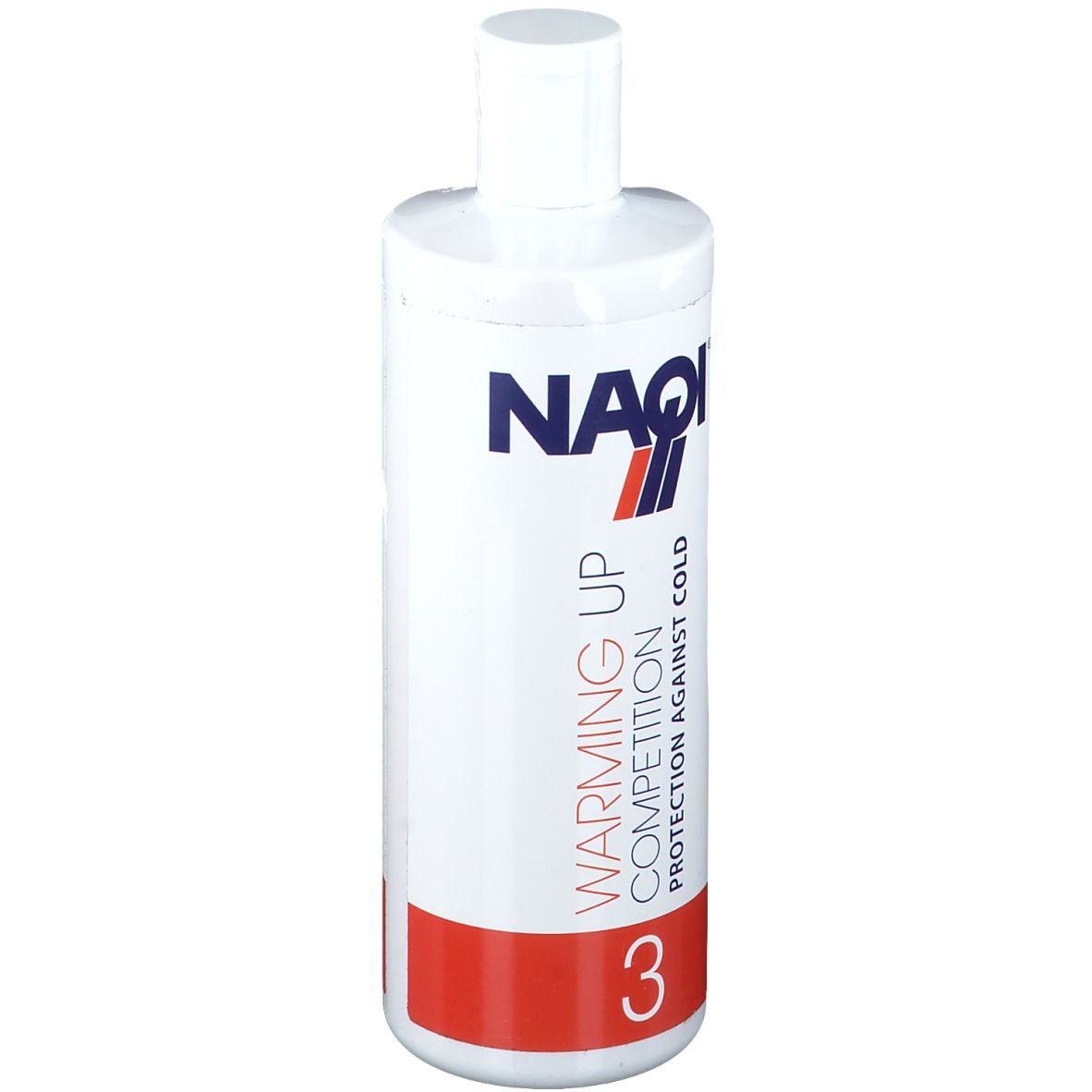 Flacon blanc avec logo NAQI et inscription "Warming Up Competition 3". Bande rouge en bas. Bouchon.