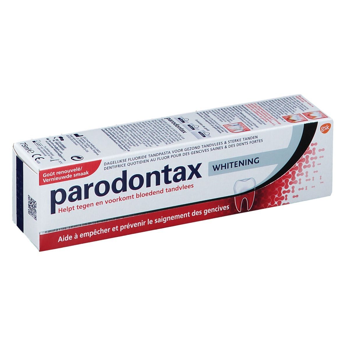 Tandpastadoos "parodontax Whitening". Witte en rode verpakking met productnaam en tekst. Perspectiefweergave.