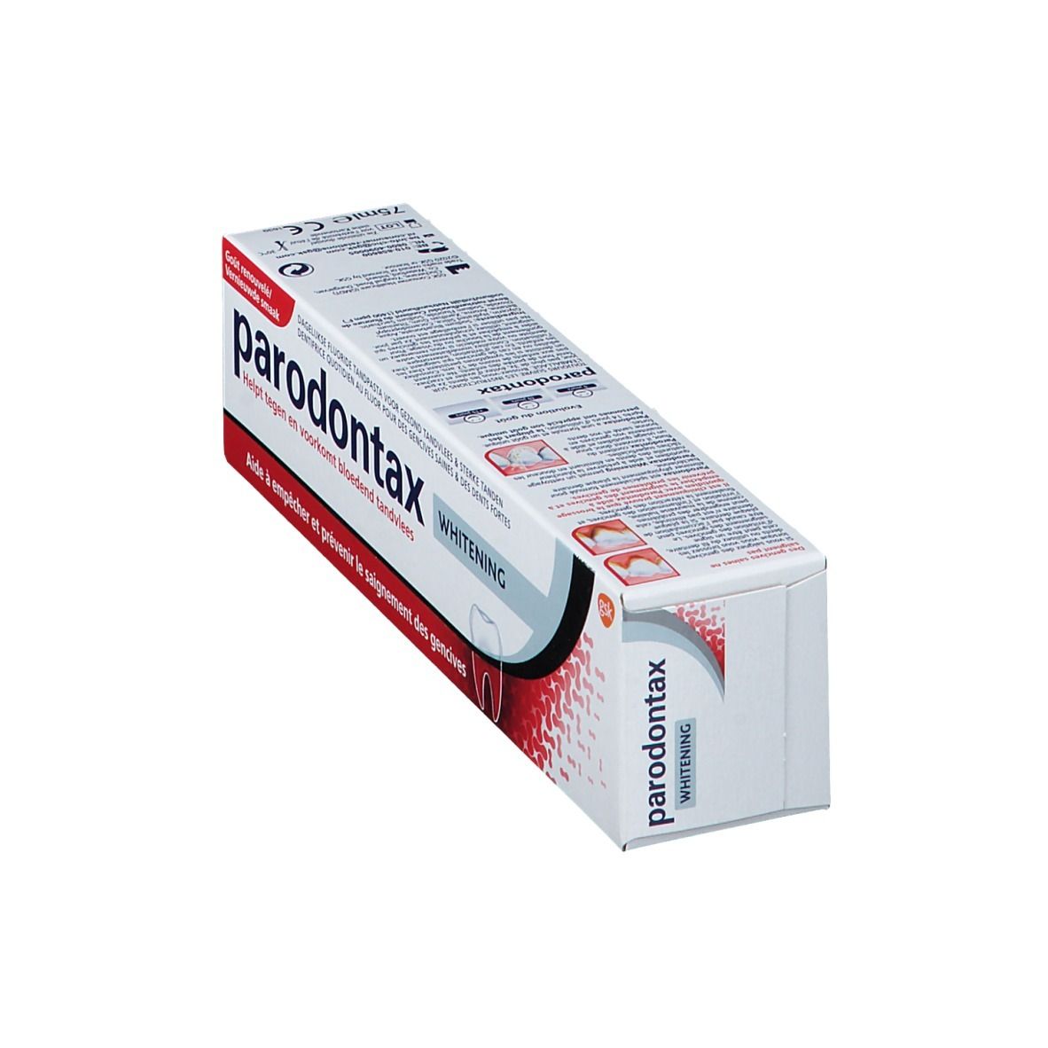 Tandpastadoos "parodontax Whitening". Witte en rode verpakking met productnaam en tekst. Schuine weergave.
