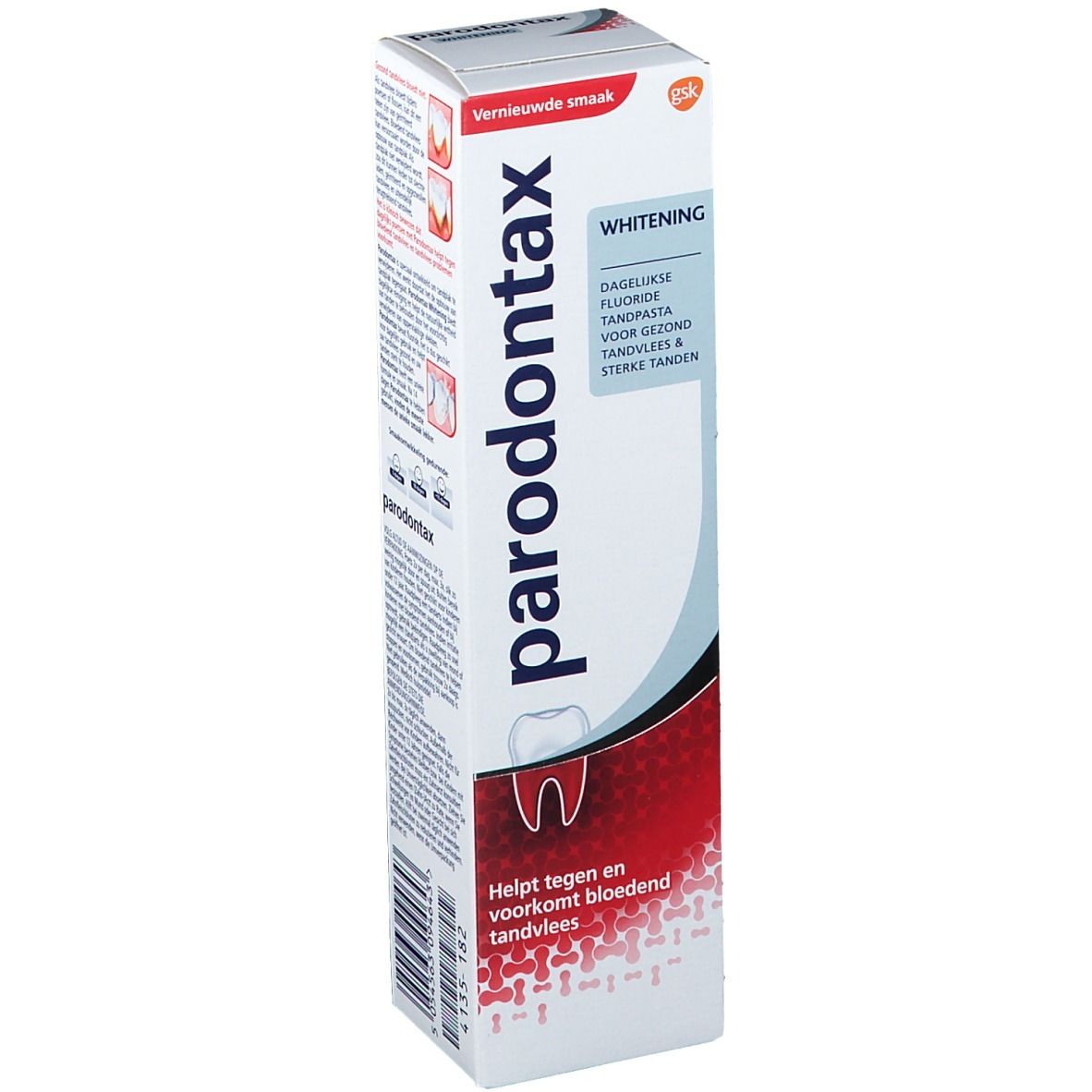 Tandpastadoos "parodontax Whitening". Witte en rode verpakking met productnaam en tekst. Verticale weergave.