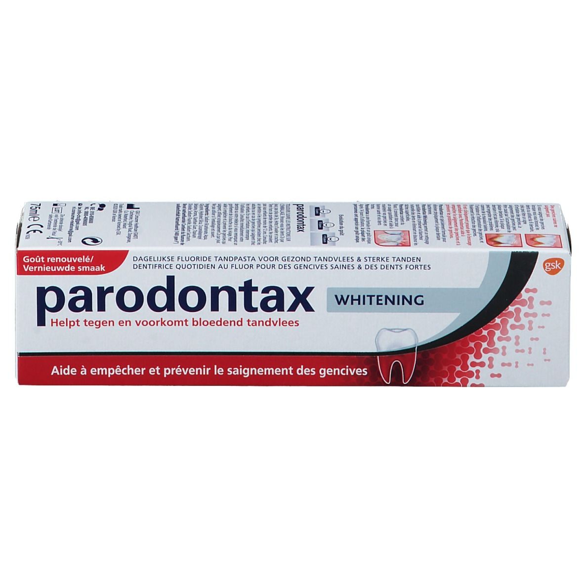 Tandpastadoos "parodontax Whitening". Witte en rode verpakking met productnaam en tekst. Bovenaanzicht.
