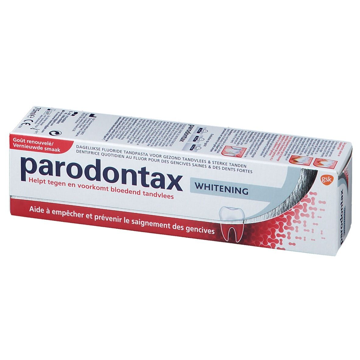 Tandpastadoos "parodontax Whitening". Witte en rode verpakking met productnaam en tekst. Perspectiefweergave.
