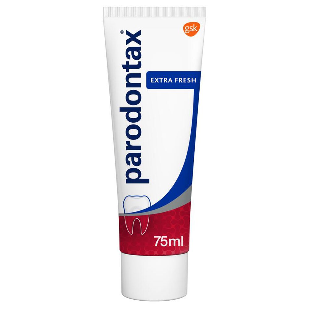 Tube de dentifrice blanche, design rouge et bleu. Inscription: Parodontax Extra Fresh. 75ml.