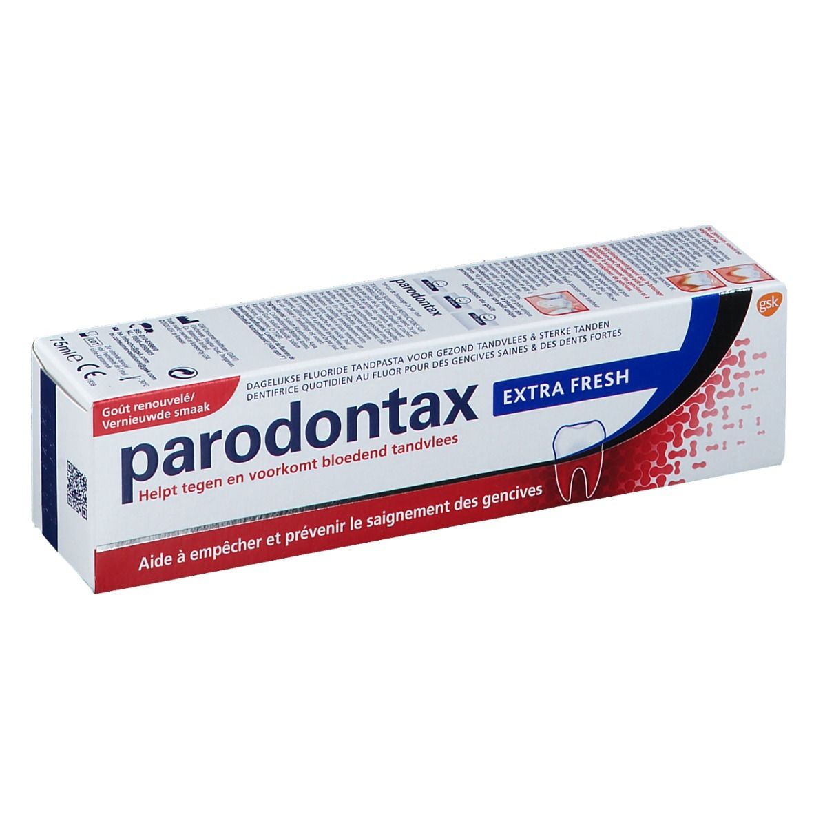 Emballage de dentifrice Parodontax Extra Fresh. Blanc avec design rouge et bleu. Texte multilingue.