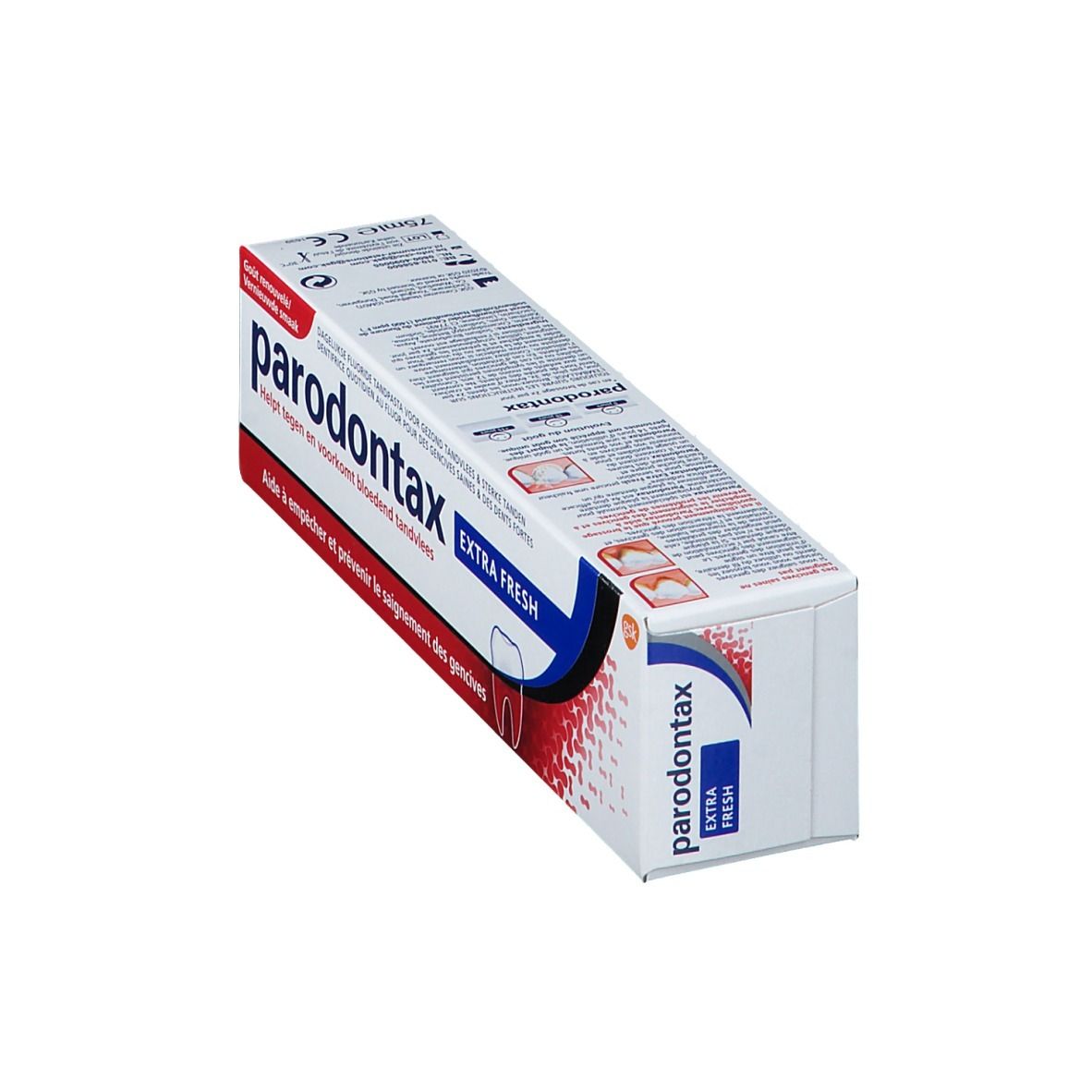 Boîte de dentifrice Parodontax Extra Fresh. Design blanc, rouge et bleu. Texte multilingue.