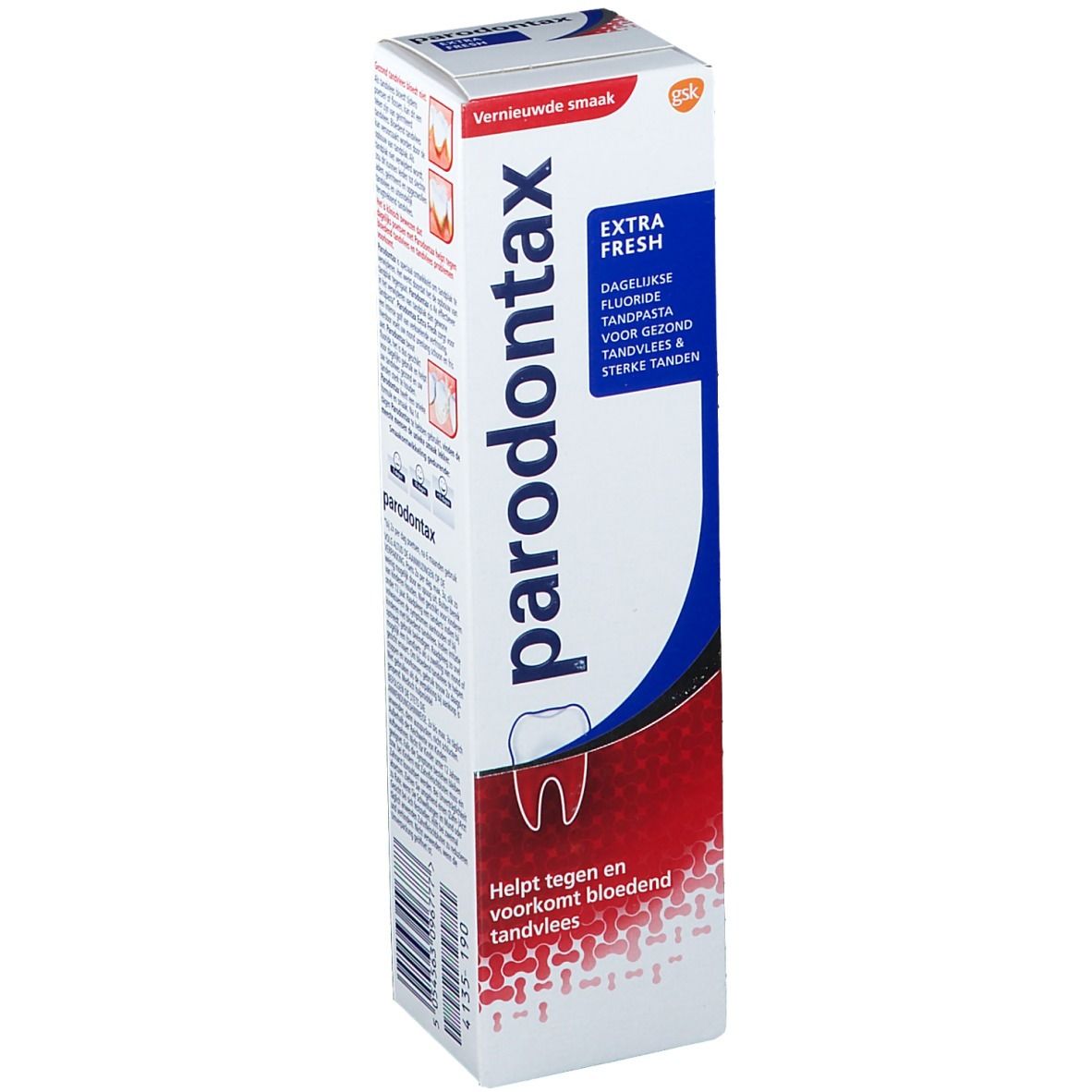 Emballage de dentifrice Parodontax Extra Fresh. Design blanc, rouge et bleu. Texte multilingue.