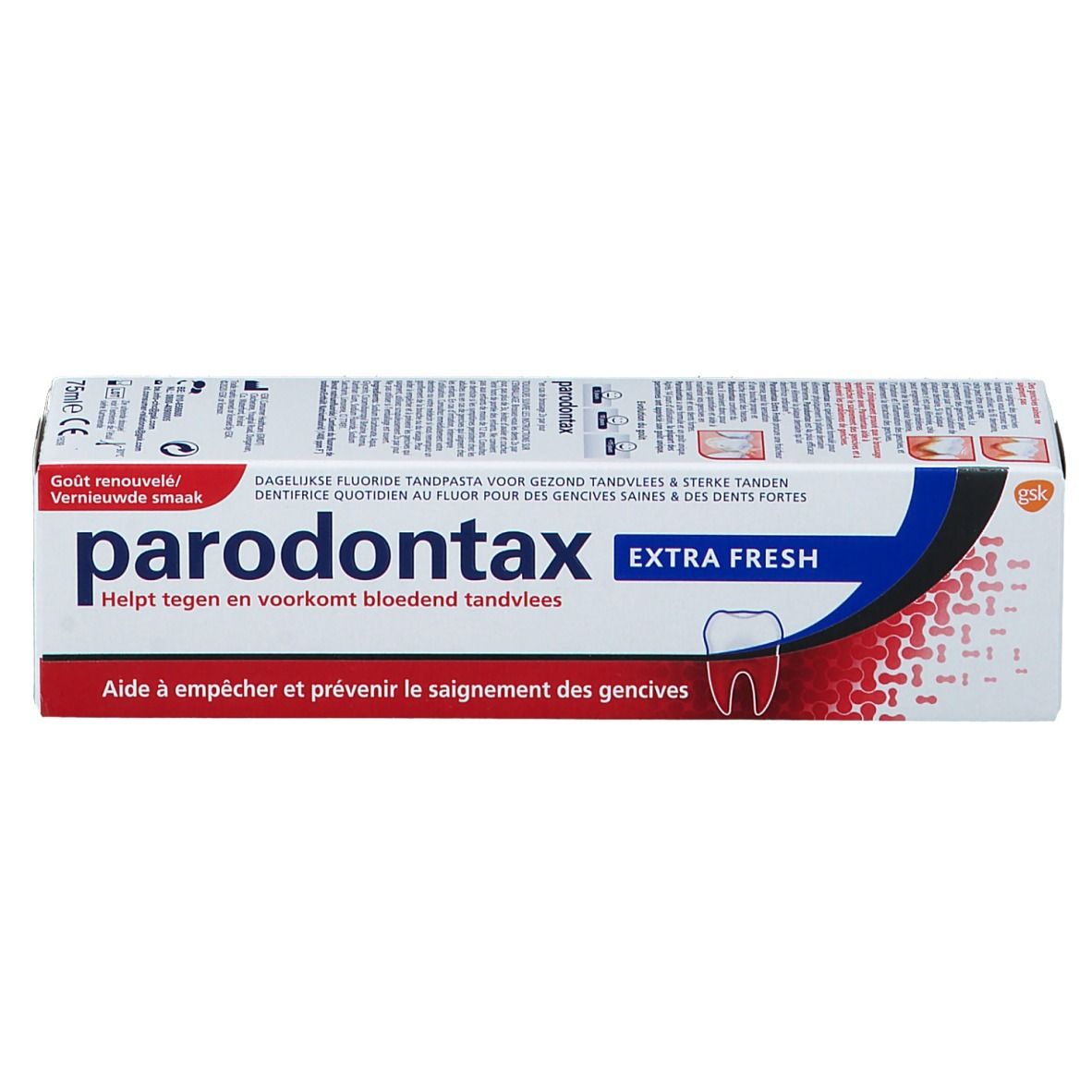 Emballage de dentifrice Parodontax Extra Fresh. Design blanc, rouge et bleu. Texte multilingue.