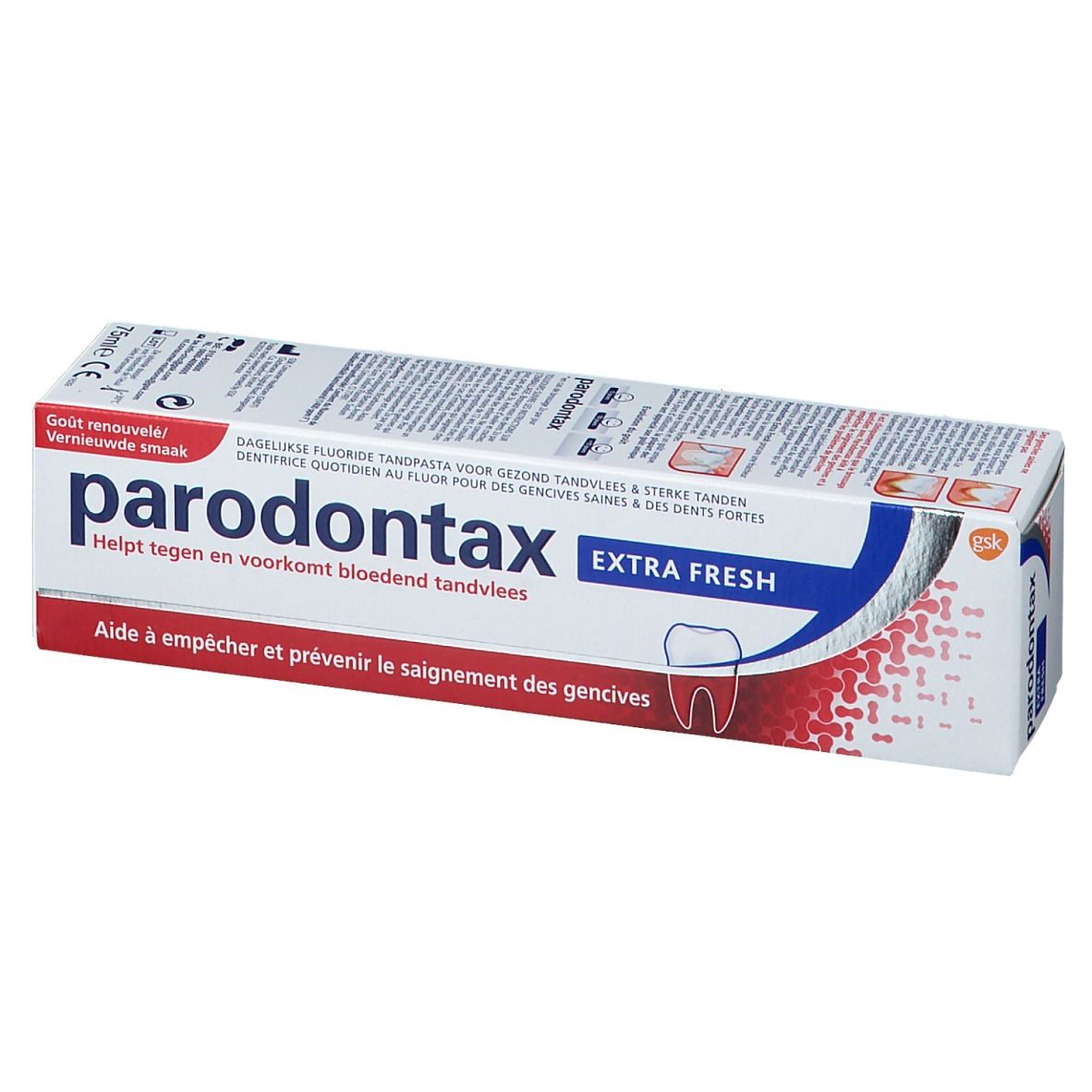 Emballage de dentifrice Parodontax Extra Fresh. Design blanc, rouge et bleu. Texte multilingue.