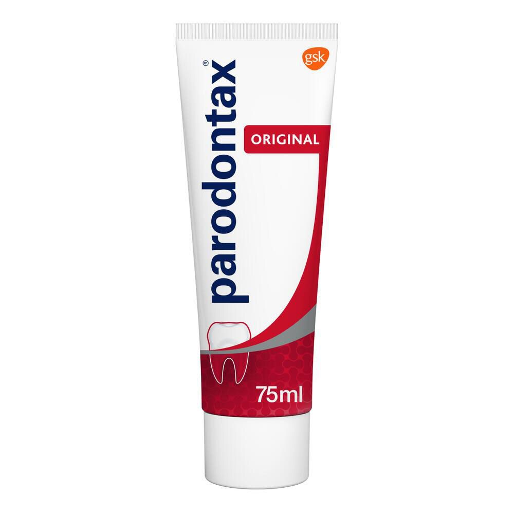 Tube de dentifrice blanche et rouge. Inscription: parodontax Original. Logo: dent. Contenance: 75ml.