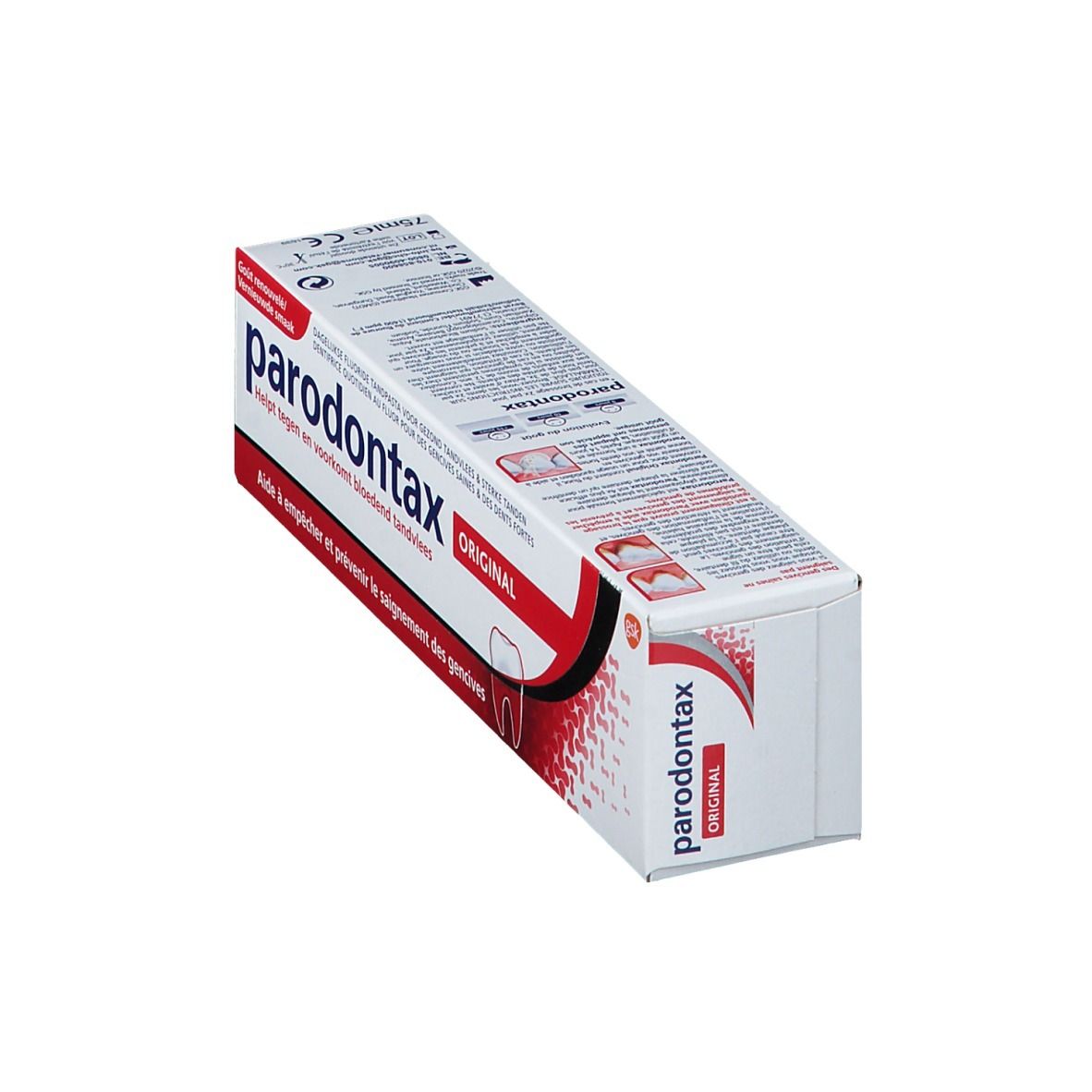 Boîte de dentifrice parodontax Original. Blanc et rouge. Inscription: parodontax Original. Logo: dent.