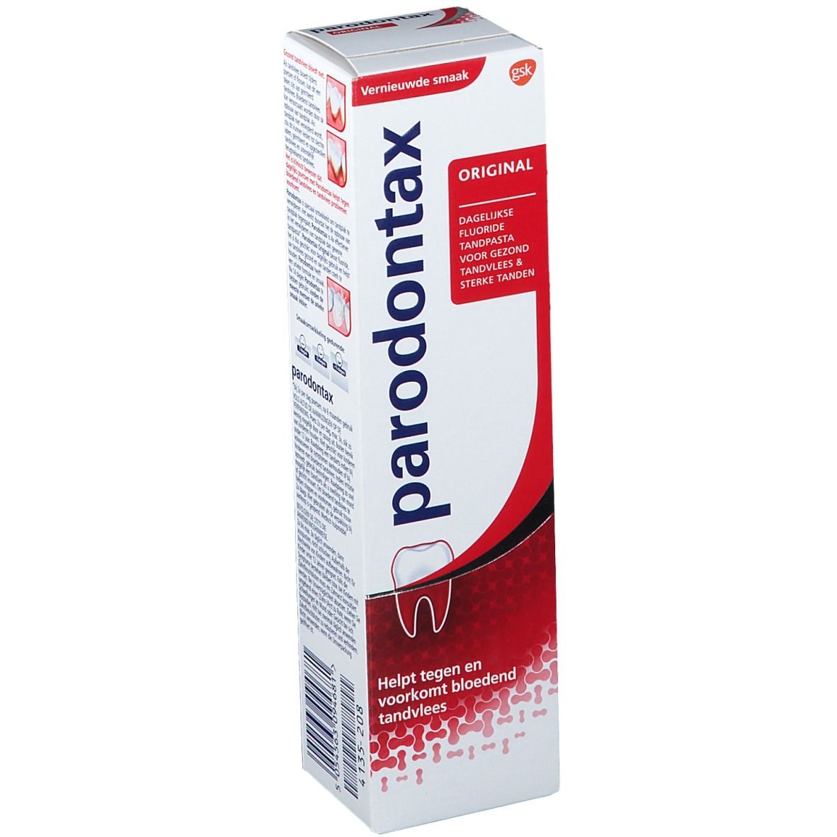 Emballage de dentifrice parodontax Original. Blanc et rouge. Inscription: parodontax Original. Logo: dent.