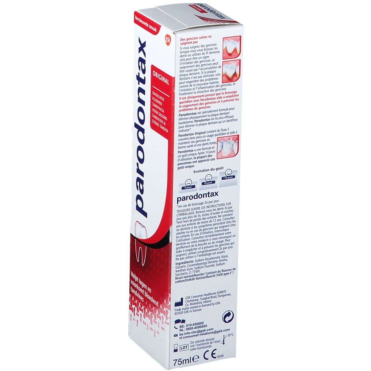 Dos de l'emballage de dentifrice parodontax Original. Texte et logo: dent. Contenance: 75ml.