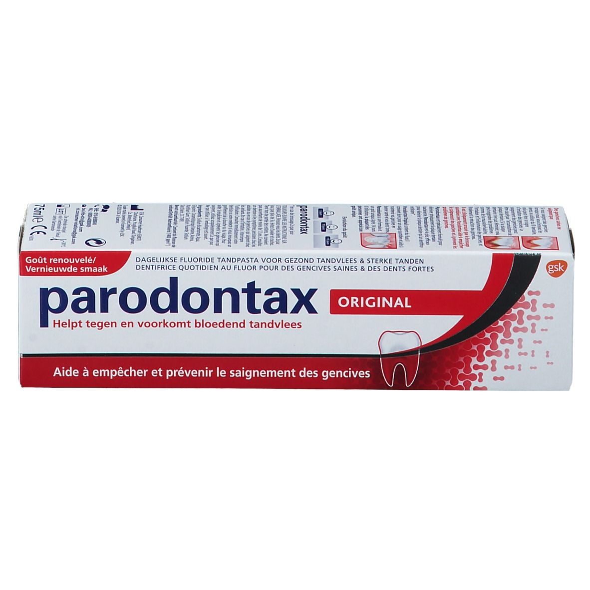 Emballage de dentifrice parodontax Original. Blanc et rouge. Inscription: parodontax Original. Logo: dent.