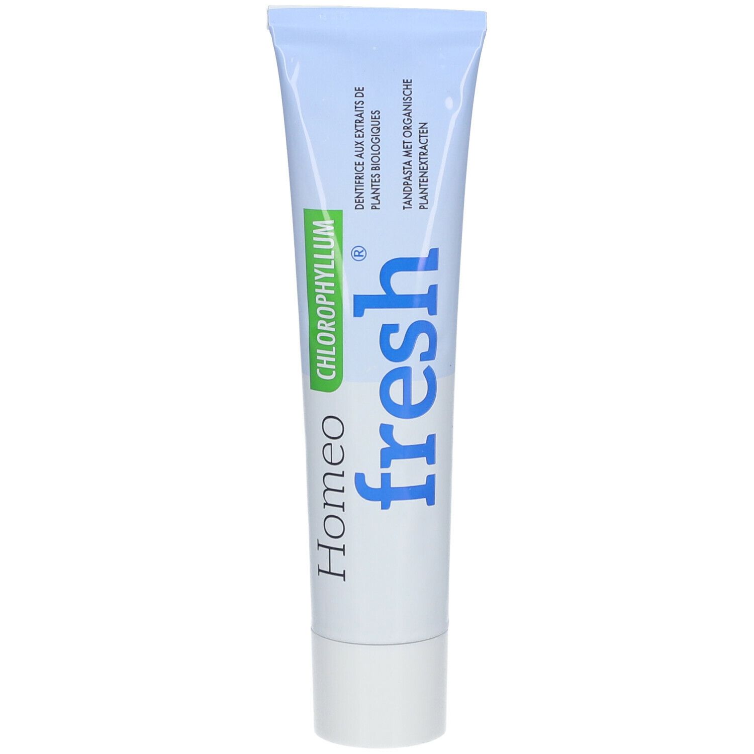 Tube de dentifrice bleu et blanc. Inscription : Homeo fresh Chlorophyllum. Texte en français et en allemand.