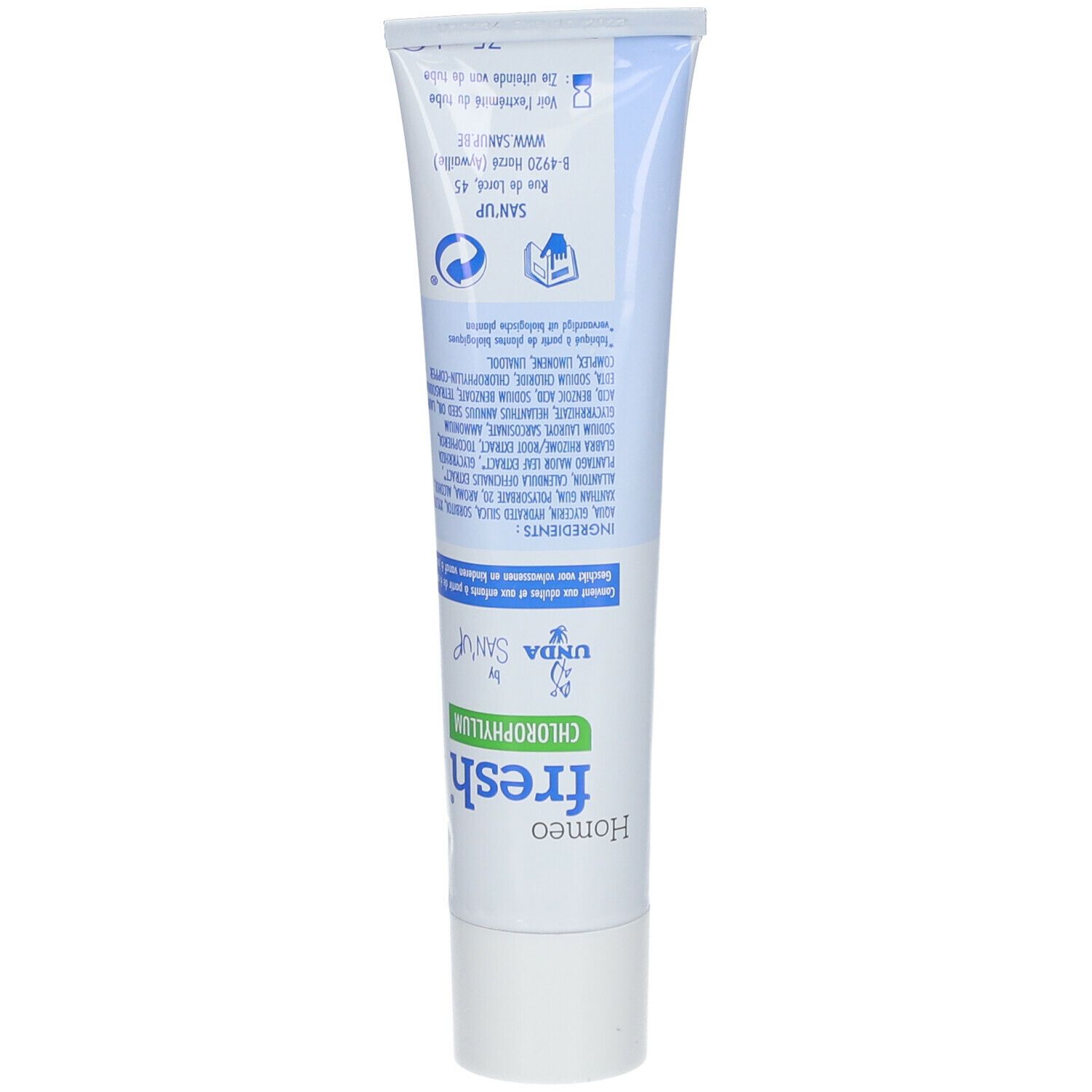 Dos du tube de dentifrice. Contient des ingrédients et des informations. Texte en plusieurs langues.