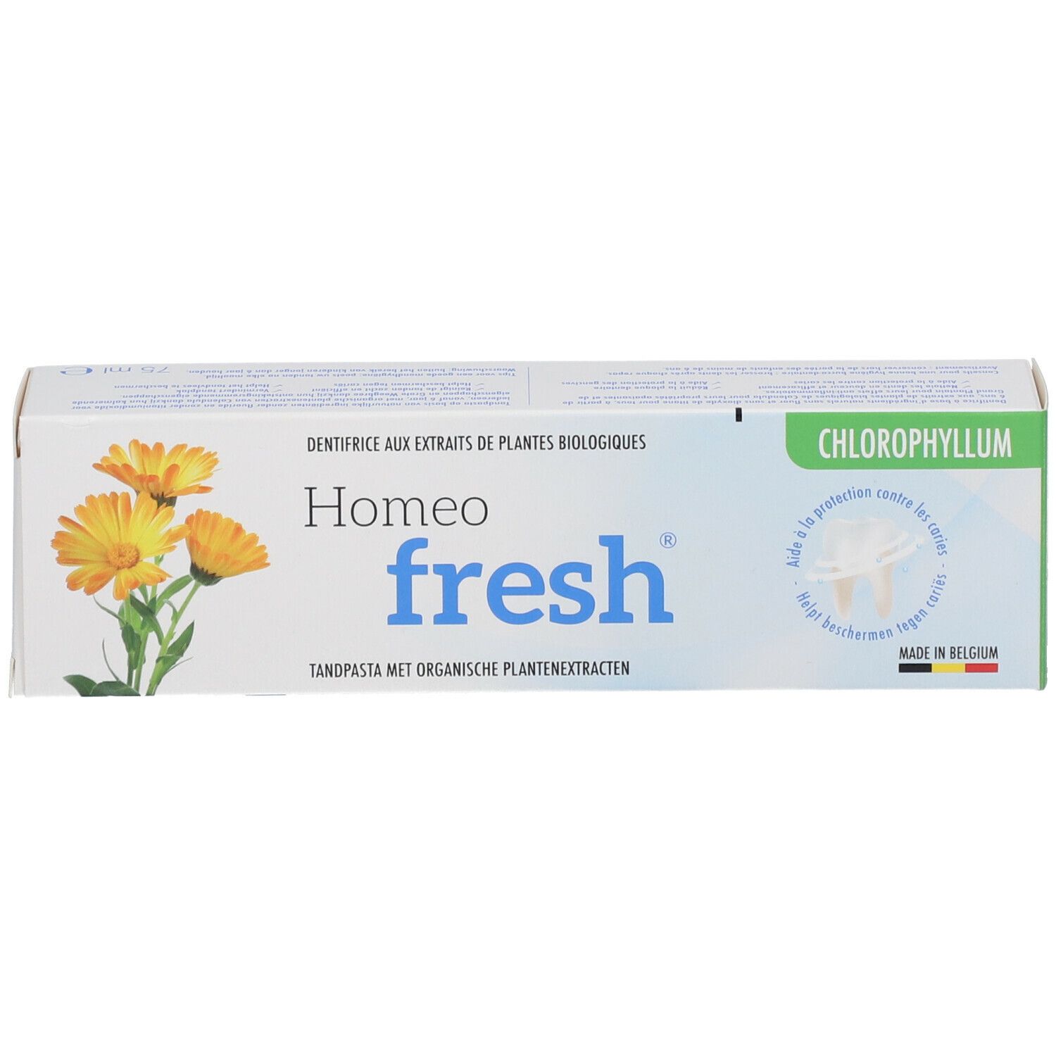 Boîte de dentifrice, blanche avec couvercle bleu. Inscription : Homeo fresh Chlorophyllum. Illustration de fleurs.