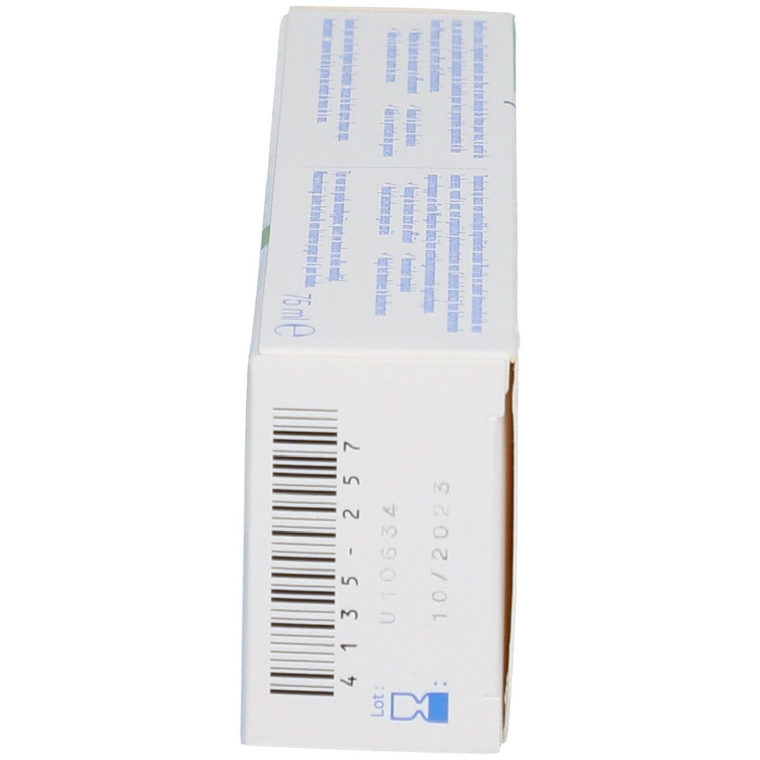 Boîte de dentifrice, vue latérale. Code-barres, numéro de lot et date de péremption.