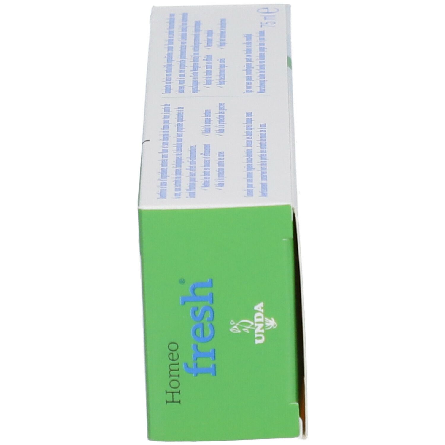 Boîte de dentifrice, vue latérale. Inscription : Homeo fresh. Logo UNDA.