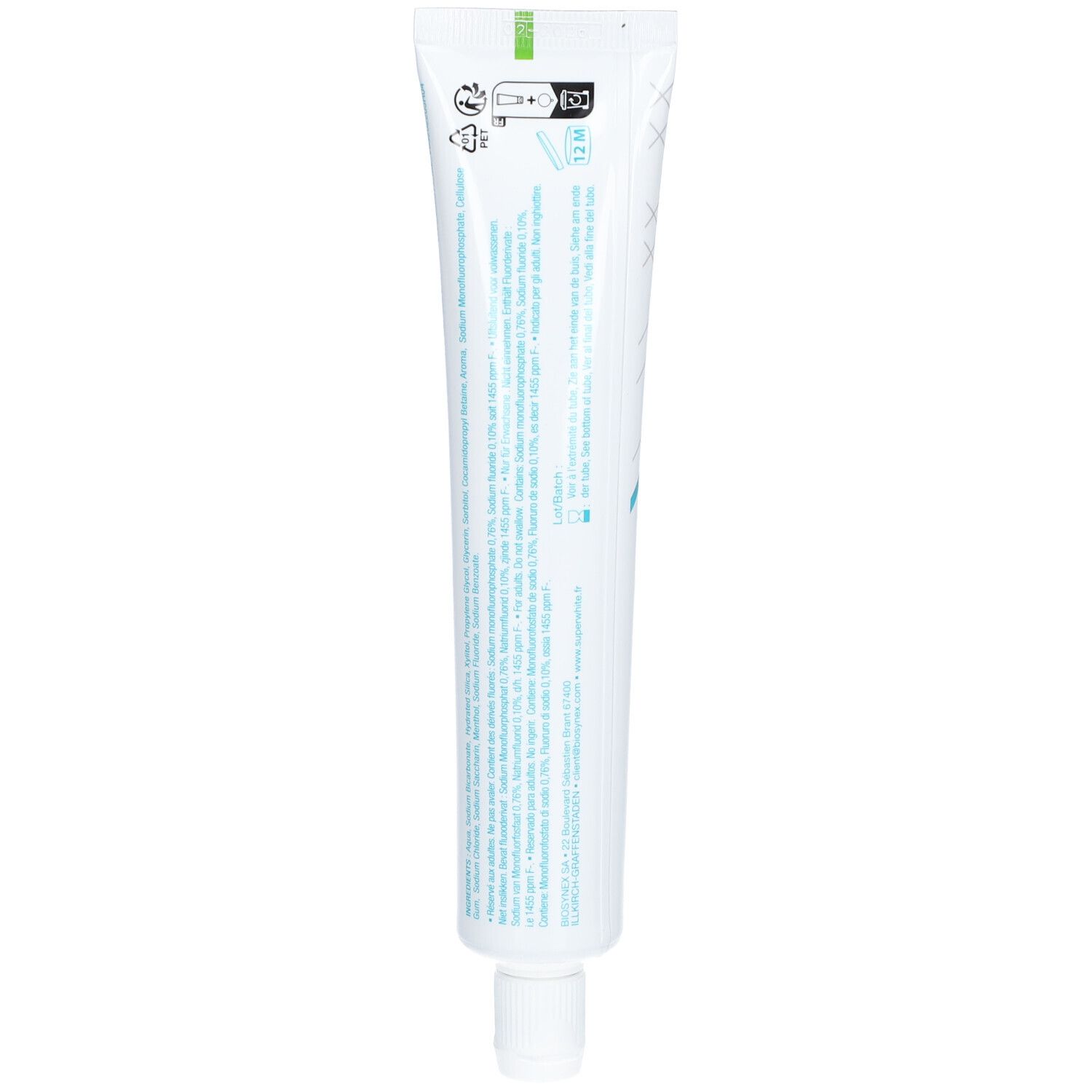 Rückseite der Zahncreme-Tube SUPERWHITE ORIGINAL. Enthält Text und Symbole. Grün markiertes Ende.