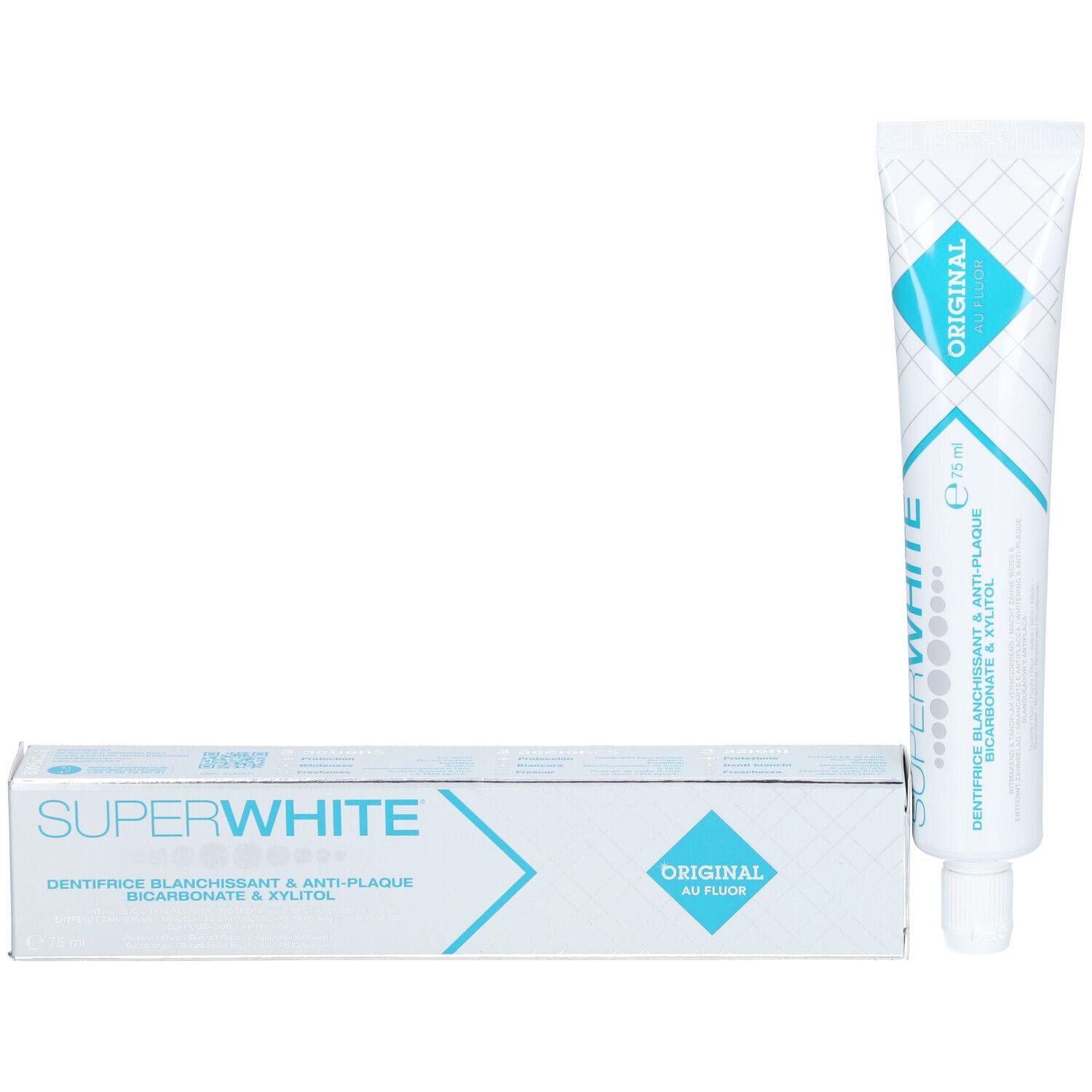 SUPERWHITE ORIGINAL Zahncreme-Tube und -Schachtel. Tube und Schachtel weiß mit blauem Logo und Text.