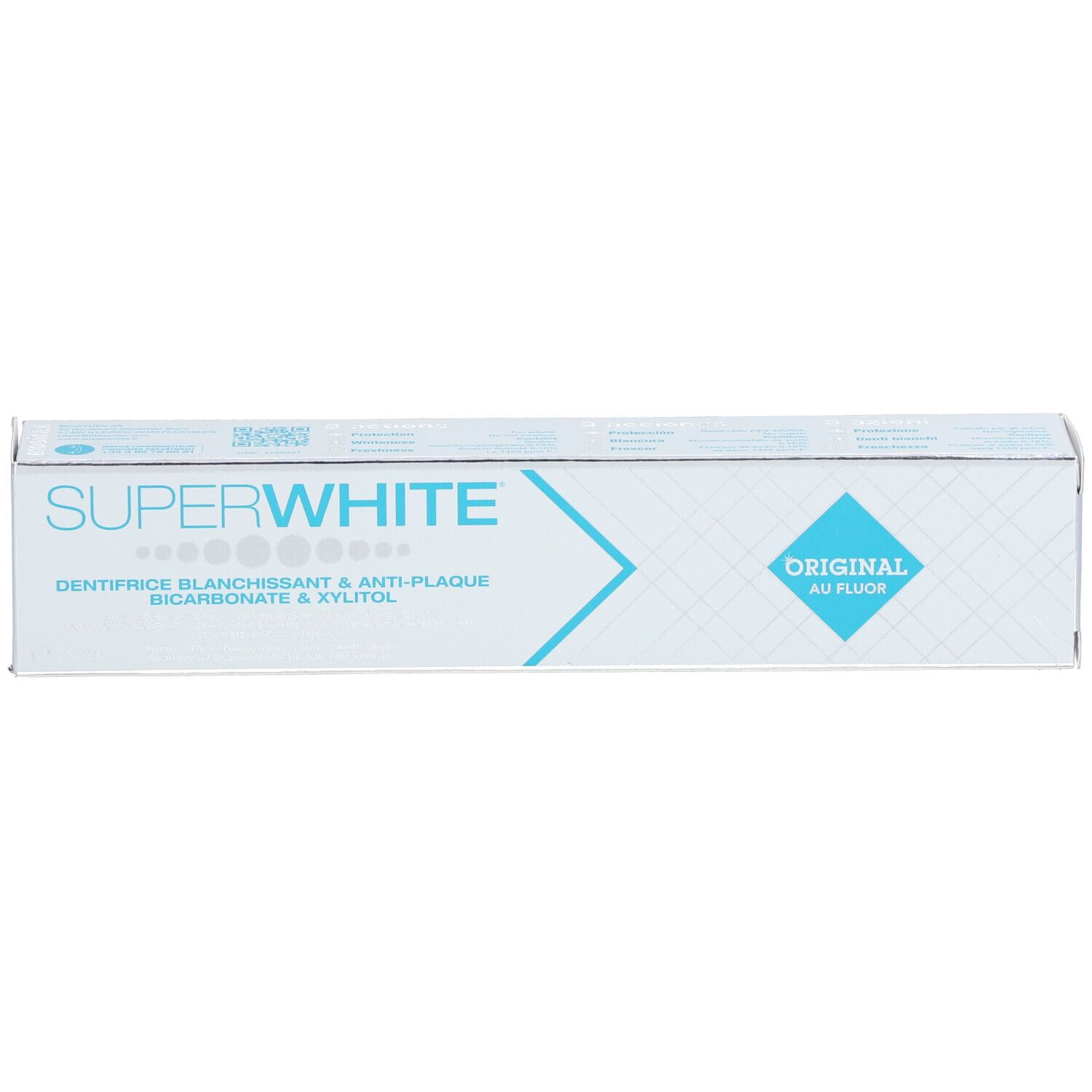 Schachtel SUPERWHITE ORIGINAL. Weiß mit blauem Logo und Text. Enthält Bicarbonat & Anti-Plaque.