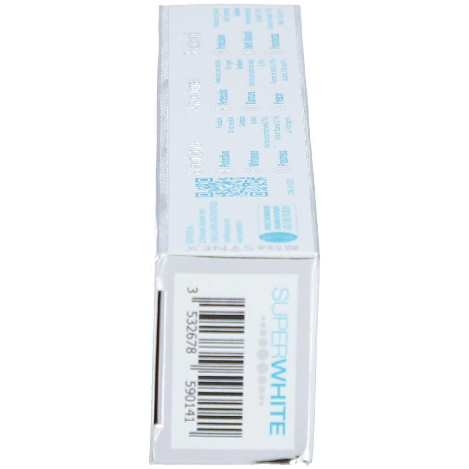 Rückseite der Schachtel SUPERWHITE. Barcode und Text. Produktname und Herstellerinformationen.
