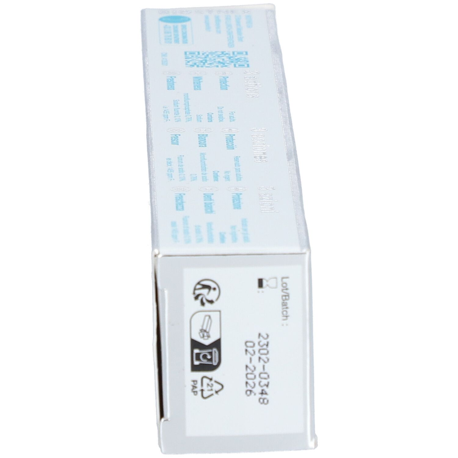 Seite der Schachtel SUPERWHITE. Text und Symbole. Los-/Chargennummer und Verfallsdatum.