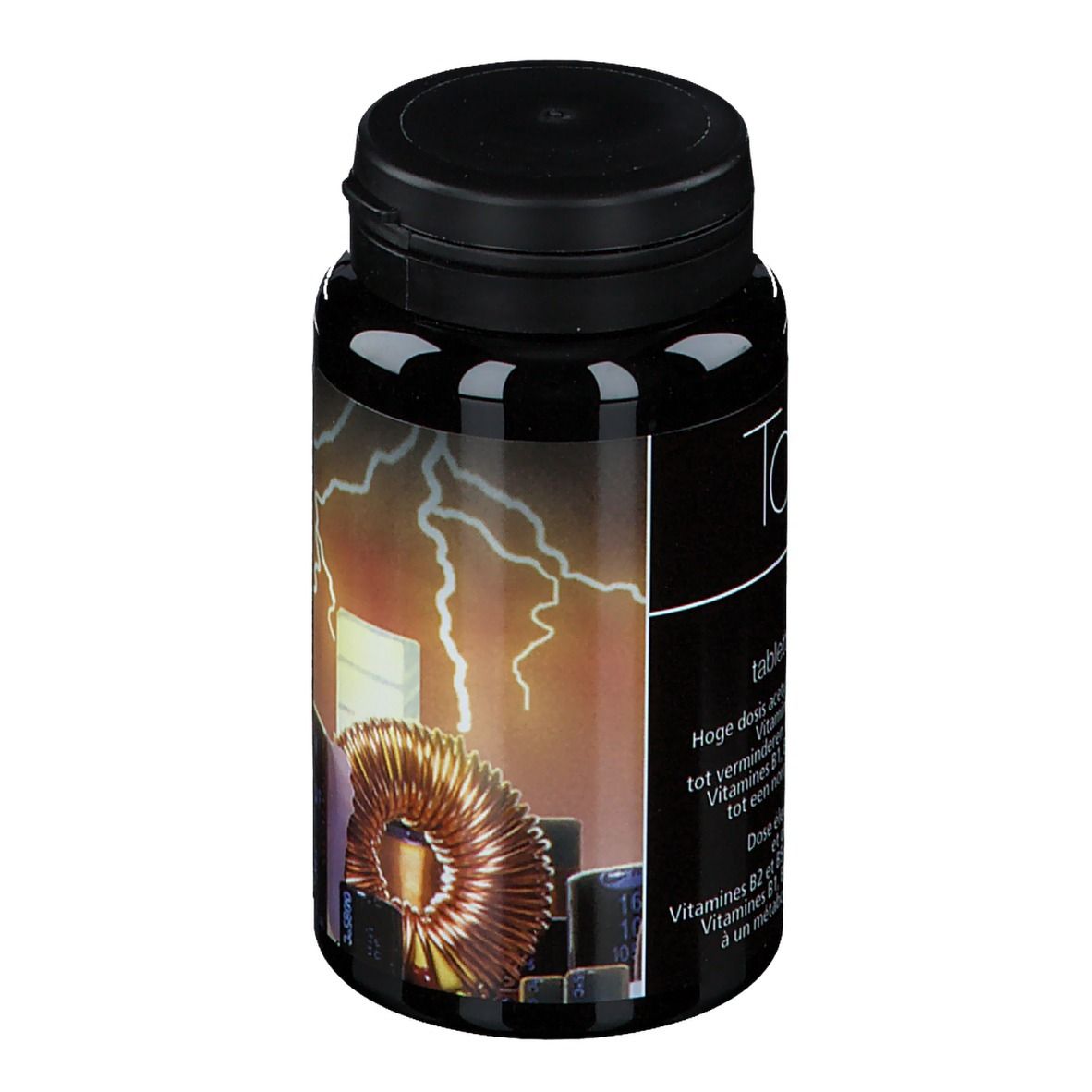 Flacon noir de comprimés avec graphique éclair. Inscription: TonixX Plus. Contient vitamines et Q10.