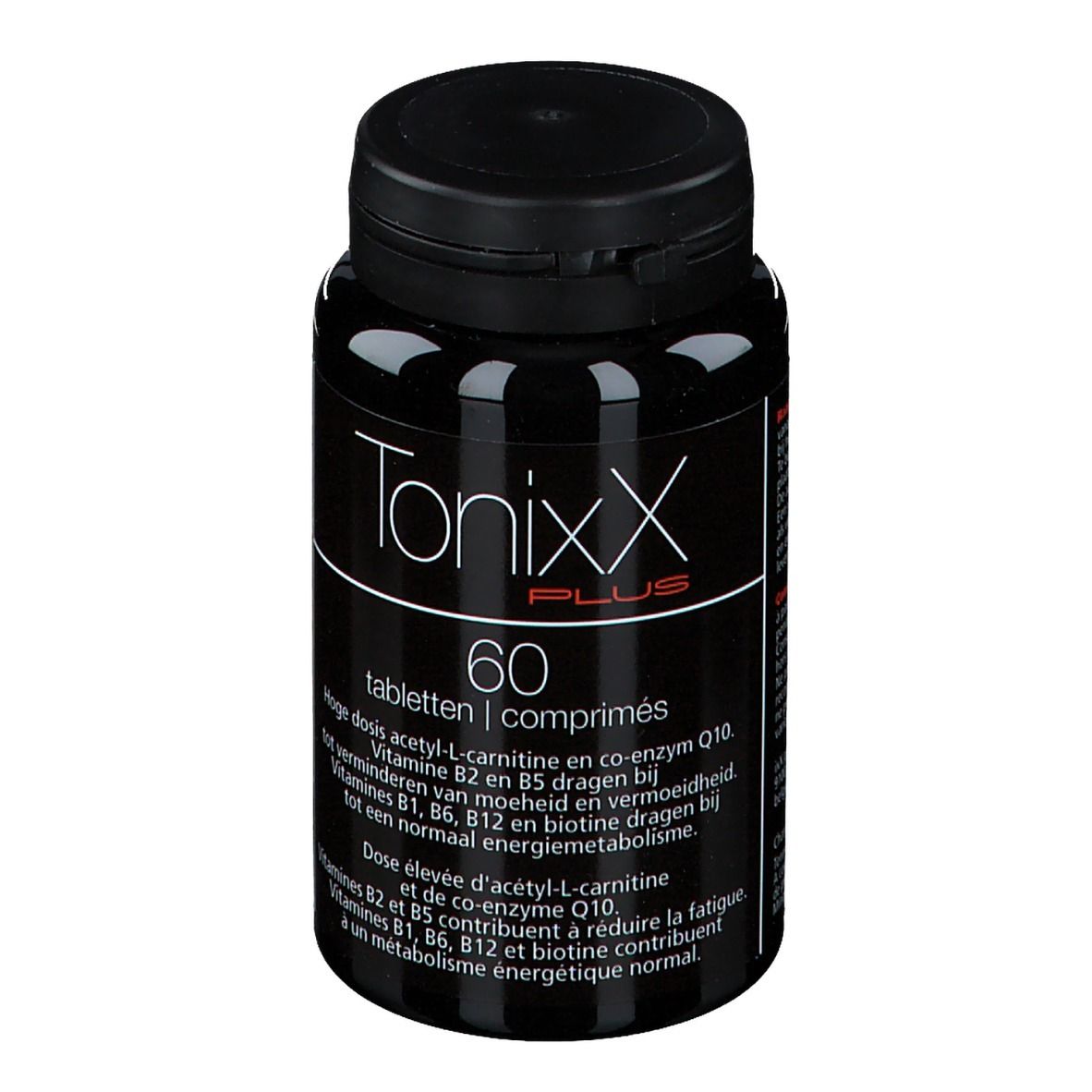 Flacon noir avec comprimés. Inscription: TonixX Plus, 60 comprimés. Contient vitamines et coenzyme Q10.