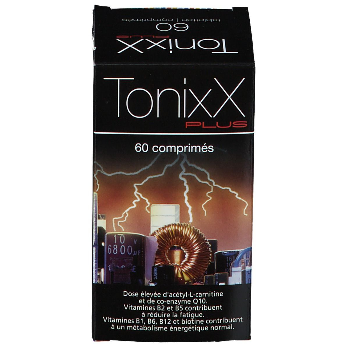 Boîte noire de comprimés. Inscription: TonixX Plus, 60 comprimés. Contient vitamines et coenzyme Q10.