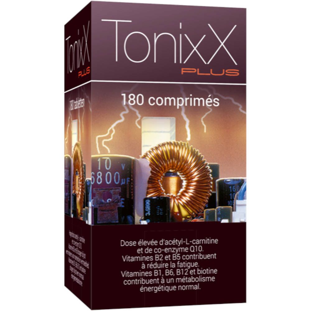 Boîte de Tonixx Plus. Inscription: 180 comprimés. Contient de l'acétyl-L-carnitine, de la coenzyme Q10, des vitamines B2, B5, B1, B6, B12 et de la biotine.