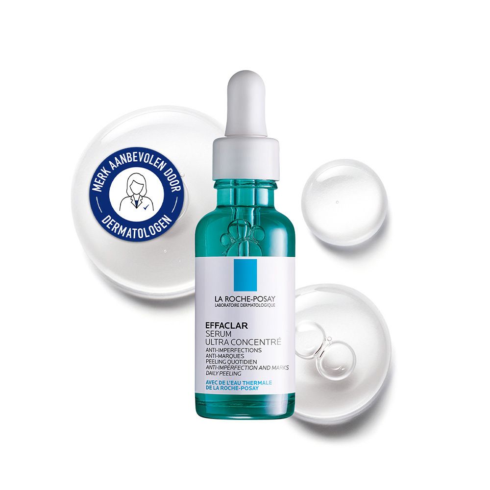 La Roche-Posay Effaclar Serum fles met pipet, omringd door witte druppels. Dermatologen zegel.