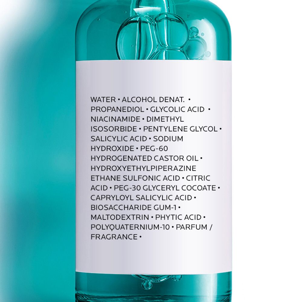 Close-up van ingrediënten op de achterkant van de La Roche-Posay Effaclar Serum fles.