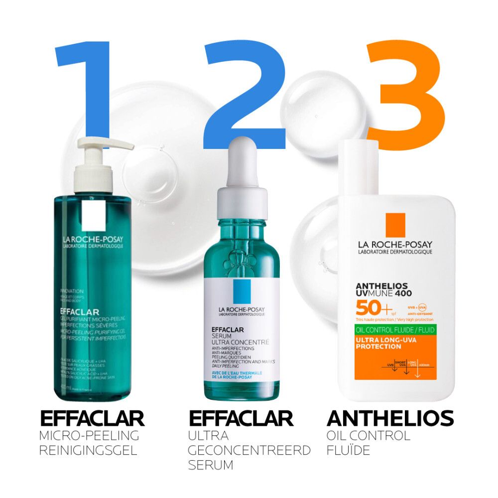 Drie La Roche-Posay producten: Effaclar Reinigingsgel, Effaclar Serum, Anthelios Oil Control Fluide.