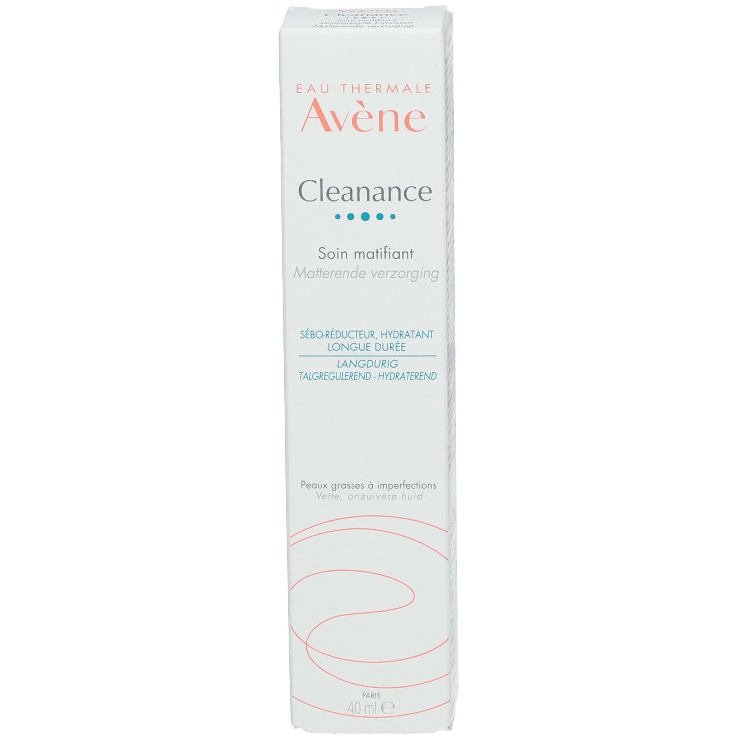 Kartonnen verpakking. Voorkant met product- en merknaam. Bevat 40 ml.