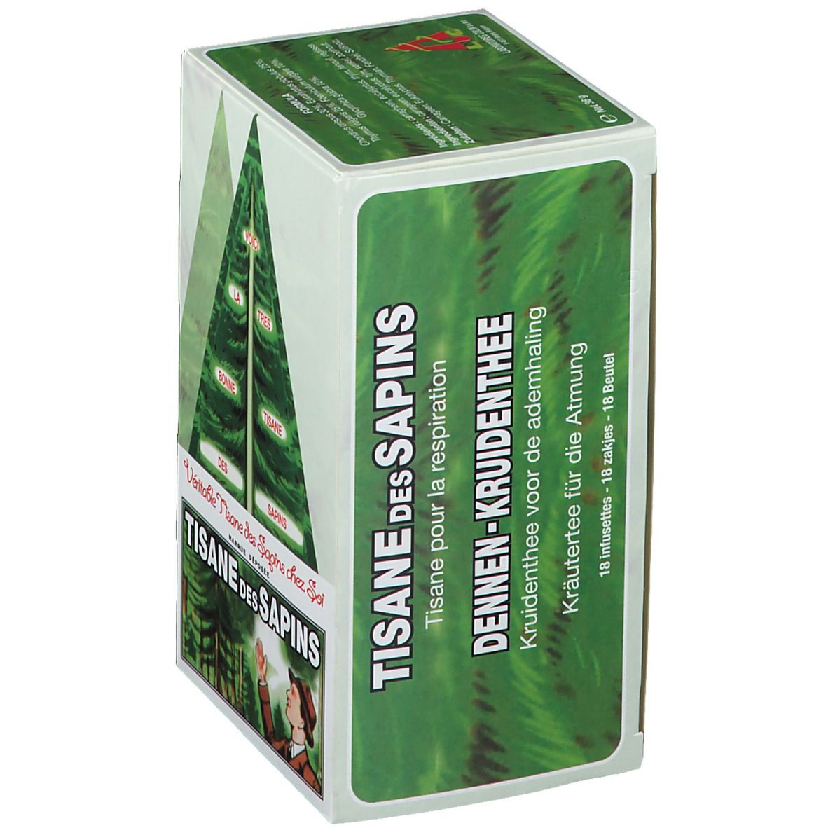 Emballage "Tisane des Sapins" avec texte multilingue. Emballage vert et blanc avec illustration d'arbre.