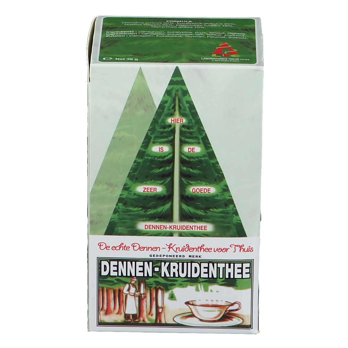 Boîte "Tisane des Sapins" avec illustration d'arbre. Texte multilingue. Image d'une tasse de thé.
