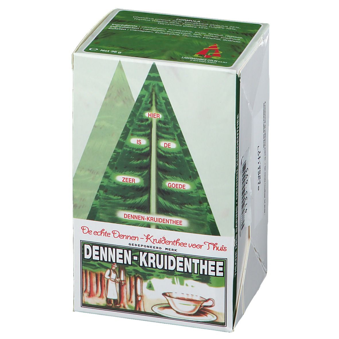 Emballage "Tisane des Sapins" avec illustration d'arbre. Texte multilingue. Image d'une tasse de thé.