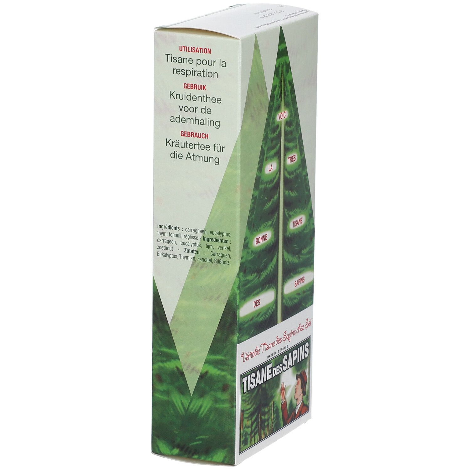 Vue latérale de la boîte de tisane. Texte: Tisane pour la respiration. Liste des ingrédients. Marque: Colin Labo.