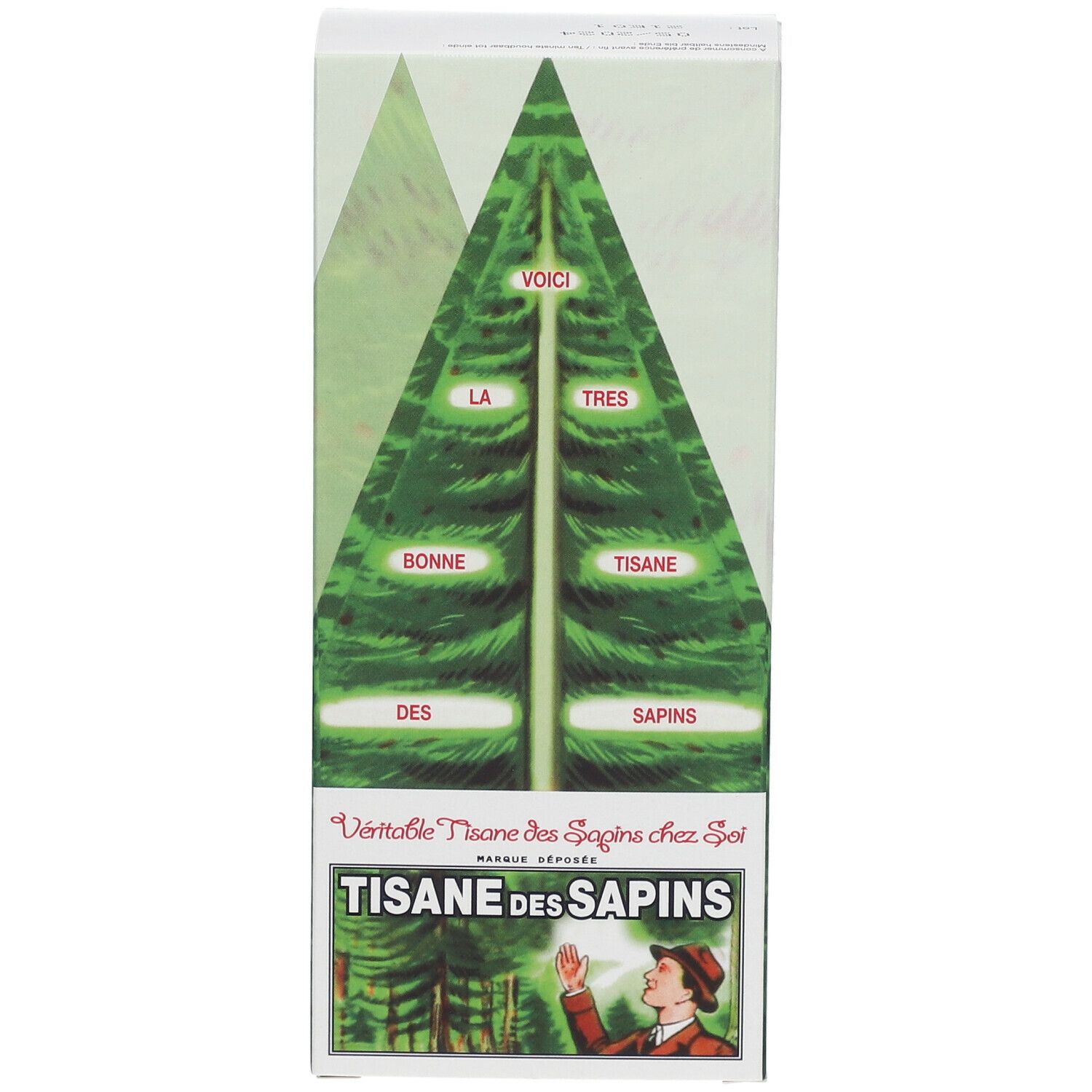 Vue de face de la boîte de tisane. Texte: Tisane des Sapins. Illustration d'un arbre. Marque: Colin Labo.