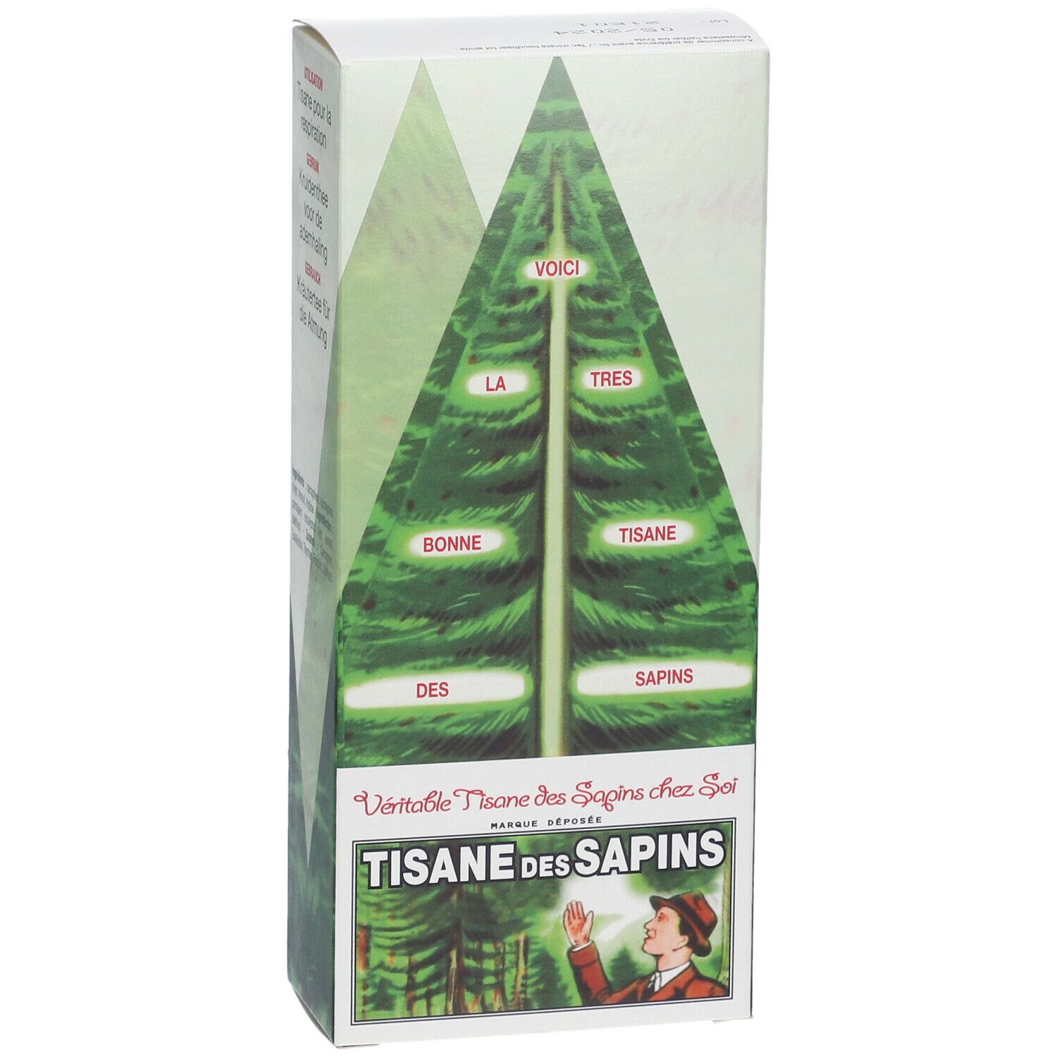 Vue de face de la boîte de tisane. Texte: Tisane des Sapins. Illustration d'un arbre. Marque: Colin Labo.