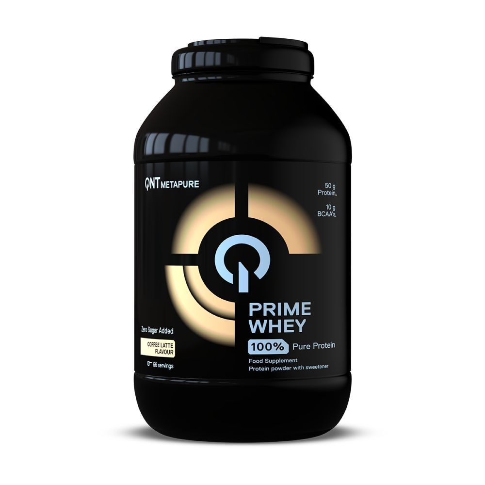 Boîte noire avec "PRIME WHEY". Contient 100% de protéines pures. Goût café latte.