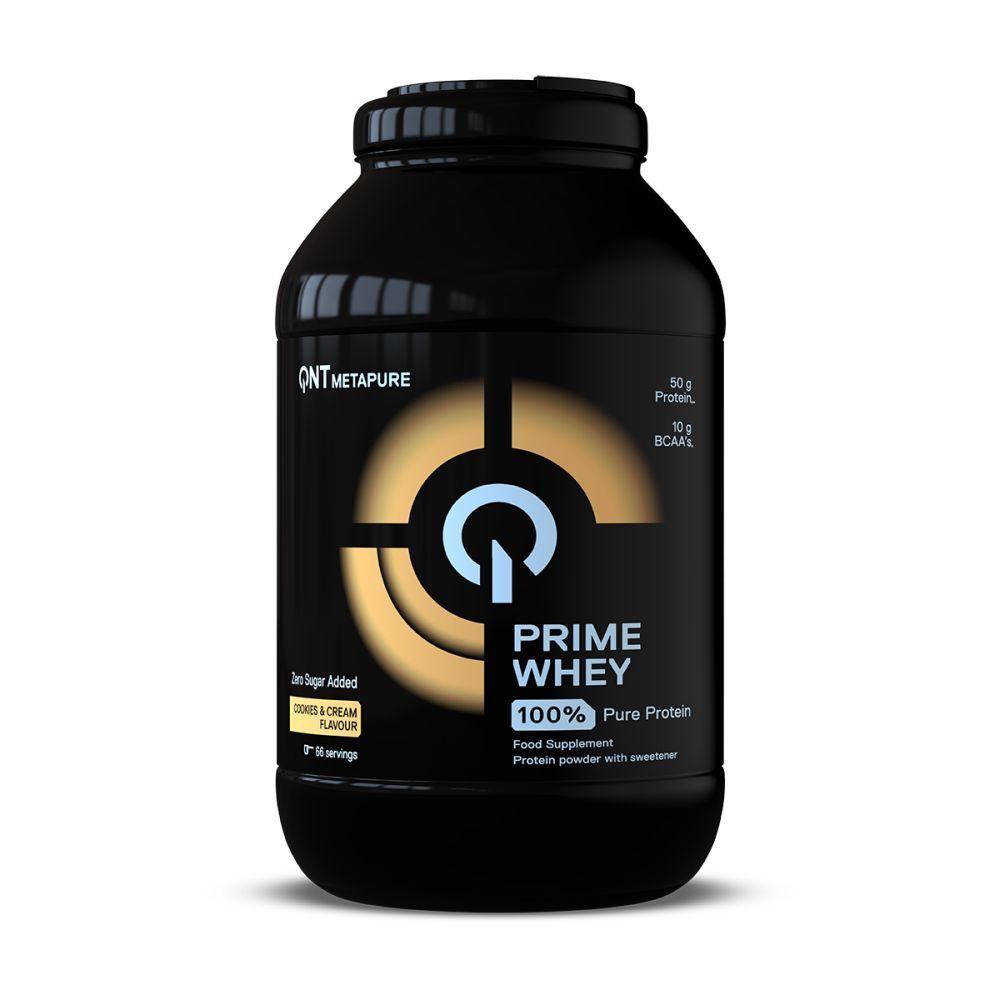 Pot noir QNT Metapure Prime Whey. Inscription : Cookies & Cream, 100% protéine pure, 50g protéines, 10g BCAA.