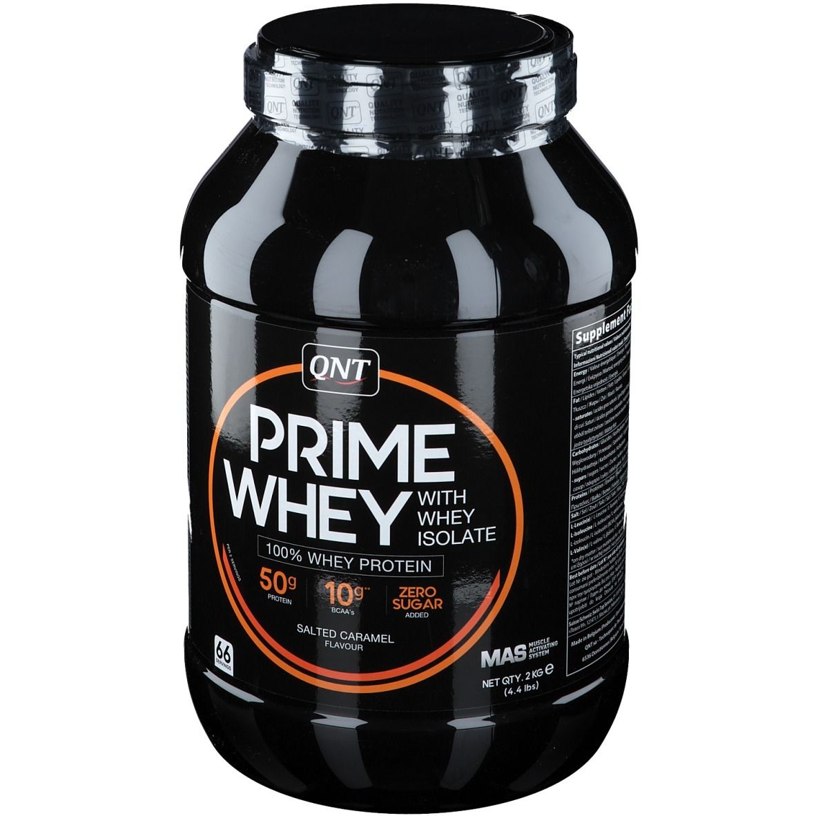Pot noir QNT Prime Whey. Inscription : Prime Whey, 100% protéine de lactosérum, Salted Caramel. 66 portions.